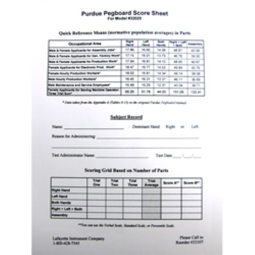Record Blanks for the Purdue Pegboard